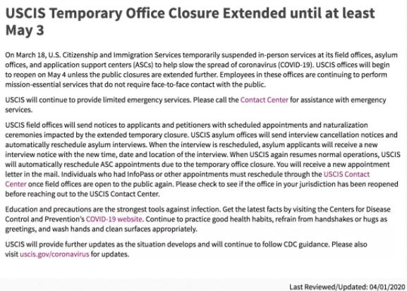 【移民快讯】美移民局再次延迟地方办公室开放时间至5月3日